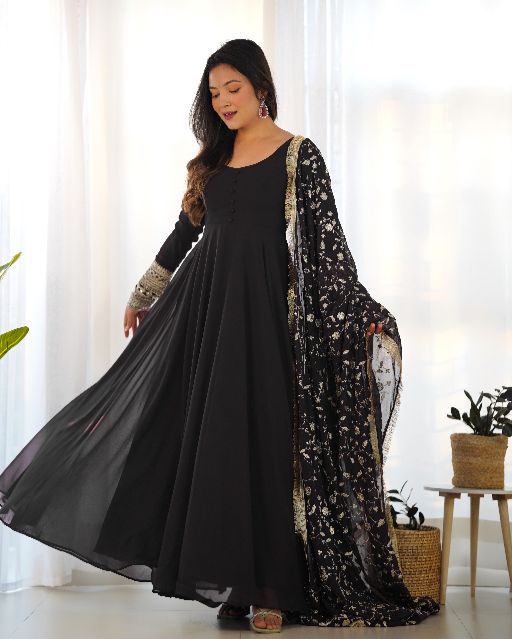 Women's Gorgeous Embroidery Work Fox Georgette Fabric Flared Anarkali Pant and Dupatta Set