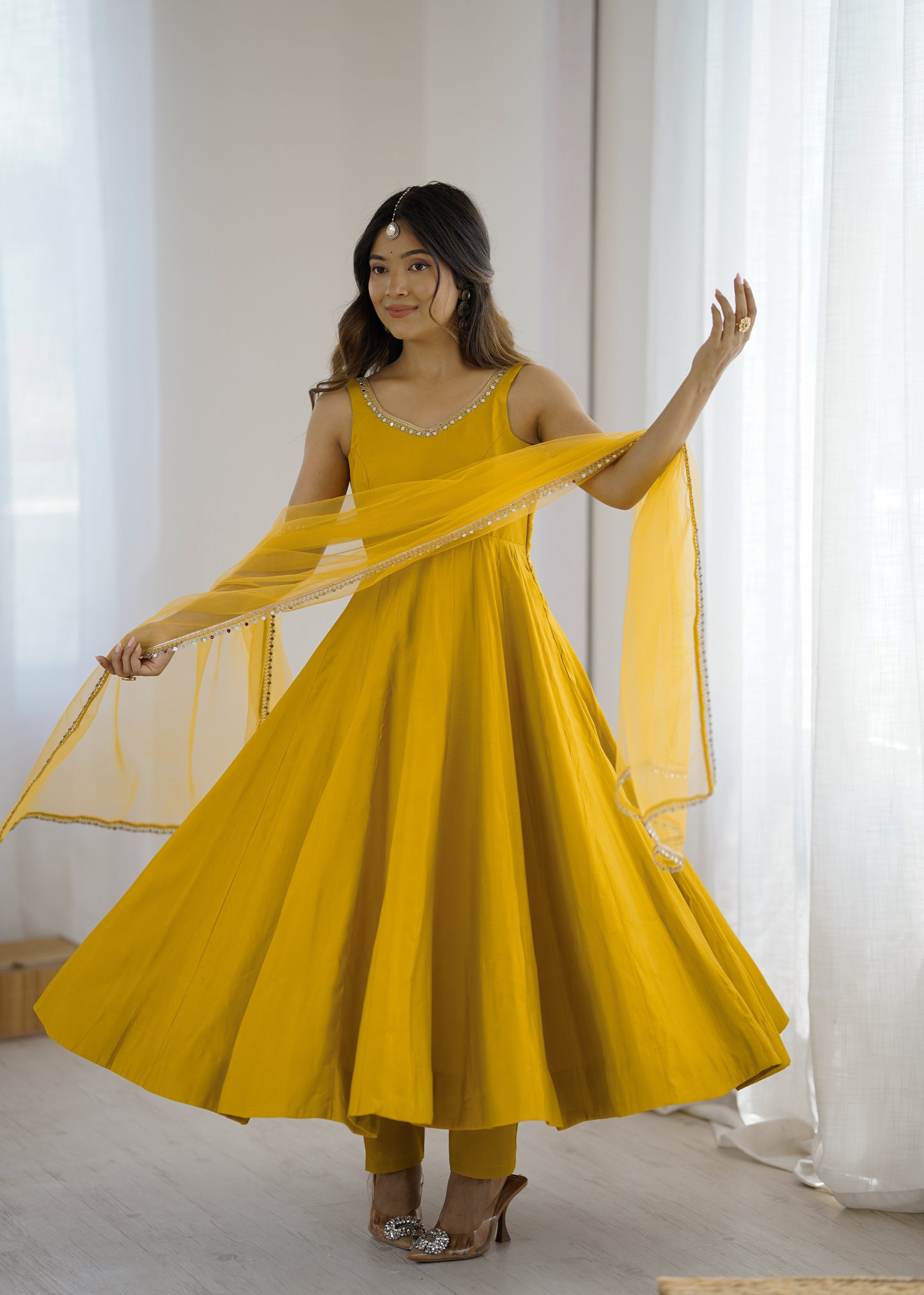 Women's Beautiful Roman Silk Chanderi Fabric Flared Anarkali Pant and Dupatta Set
