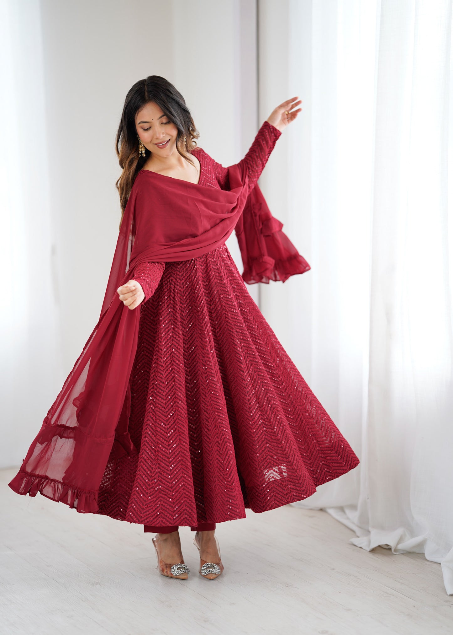 Women's Gorgeous Embroidery Fox Georgette Fabric Flared Anarkali Pant and Dupatta Set