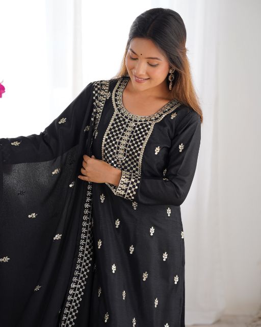  Kurta Fabric Pure Chinon Silk Fabric With Beautiful Embroidery Sequence And Jari Work On Yoke,Sleeves,