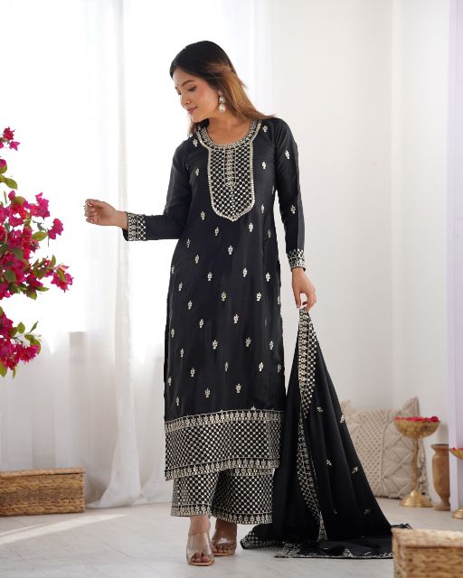  Kurta Fabric Pure Chinon Silk Fabric With Beautiful Embroidery Sequence And Jari Work On Yoke,Sleeves,