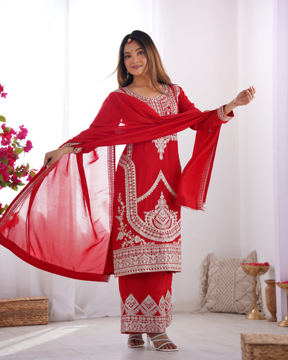 Women's Gorgeous Embroidery Work Vichitra Silk Fabric Straight Kurta Pant and Dupatta Set