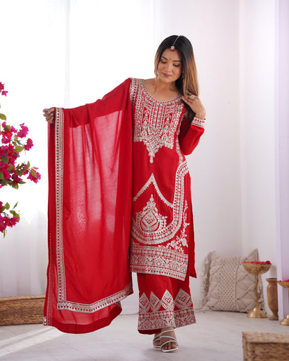 Women's Gorgeous Embroidery Work Vichitra Silk Fabric Straight Kurta Pant and Dupatta Set