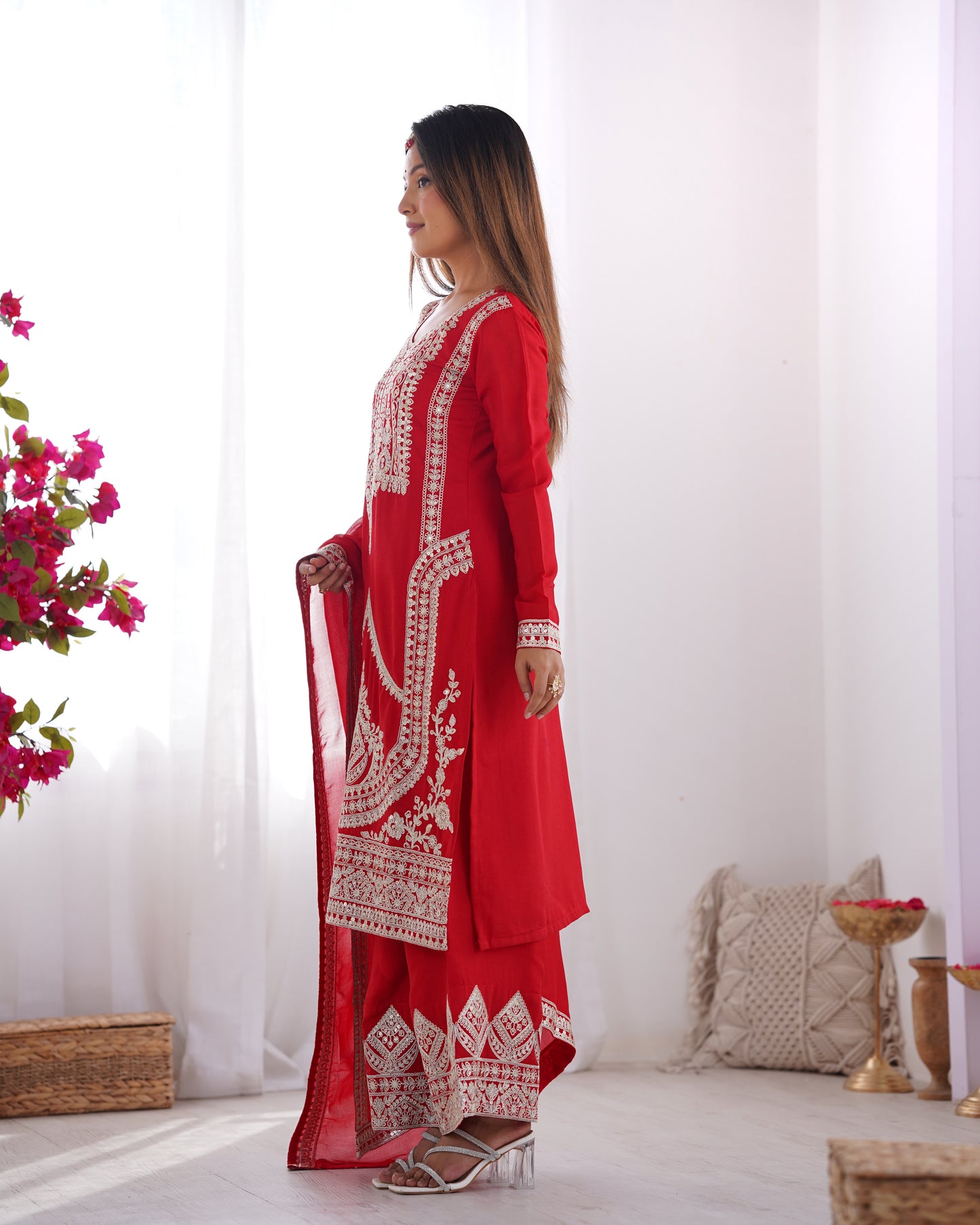 Women's Gorgeous Embroidery Work Vichitra Silk Fabric Straight Kurta Pant and Dupatta Set