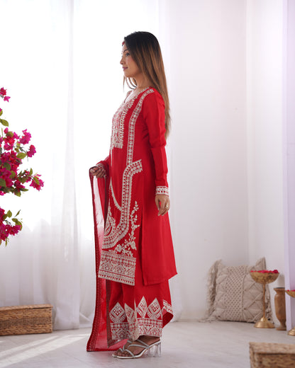 Women's Gorgeous Embroidery Work Vichitra Silk Fabric Straight Kurta Pant and Dupatta Set