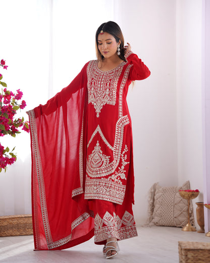 Women's Gorgeous Embroidery Work Vichitra Silk Fabric Straight Kurta Pant and Dupatta Set