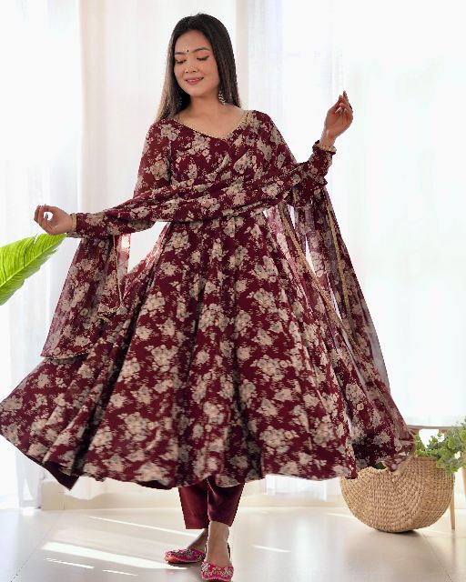 Women's Gorgeous Floral Print Fox Georgette Fabric Flared Anarkali Pant and Dupatta Set