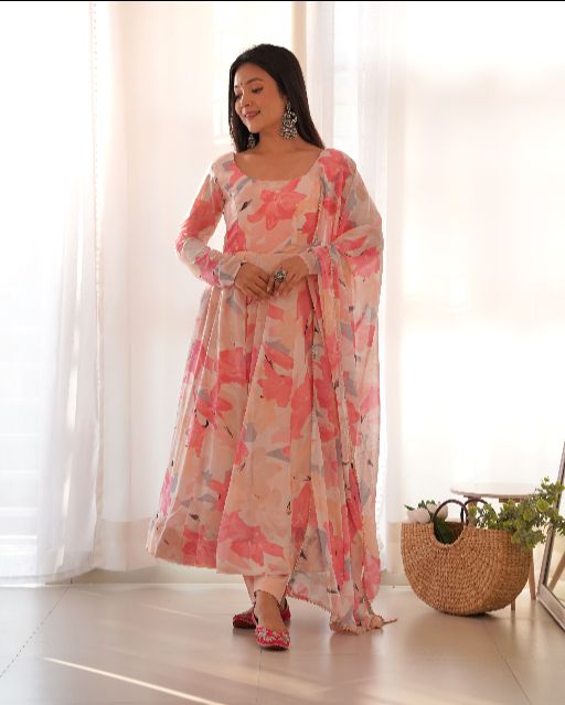 Women's Gorgeous Floral Print Fox Georgette Fabric Flared Anarkali Pant and Dupatta Set