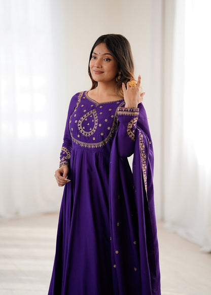 Women Purple Embroidered Beads Work Anarkali Kurta with Dupatta