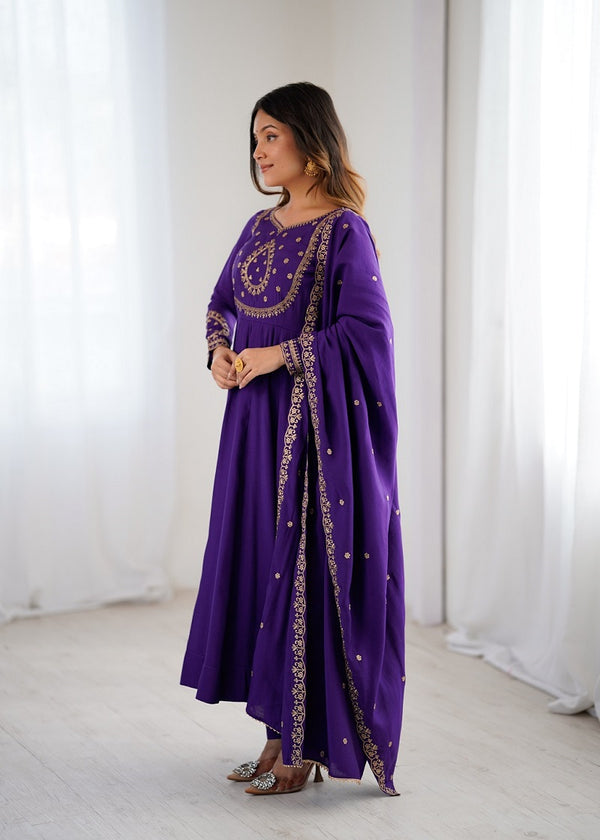 Women Purple Embroidered Beads Work Anarkali Kurta with Dupatta