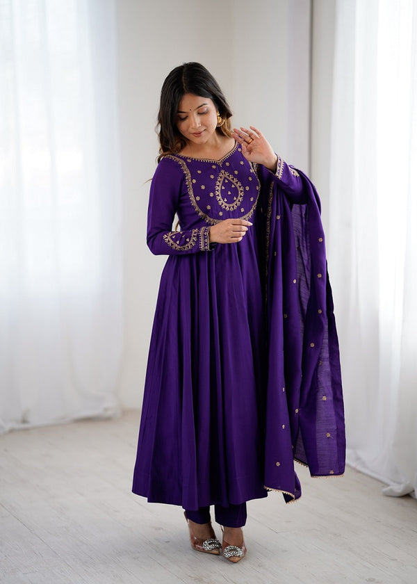 Women Purple Embroidered Beads Work Anarkali Kurta with Dupatta