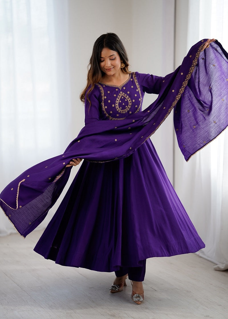 Women Purple Embroidered Beads Work Anarkali Kurta with Dupatta