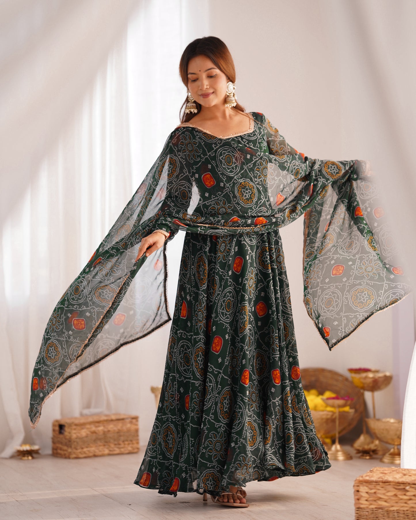 Women's Gorgeous Bandhani Printed Chiffon Fabric Flared Anarkali Pant and Dupatta Set