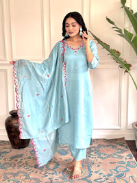 Women's Chanderi Viscose Embroidered Straight Kurta with Pant And Printed Dupatta Set