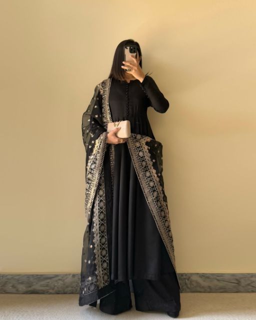 Designer Black Ethnic Wear   Party Wear Black Kurti With Sharara And Dupatta   Embroidered Black Sharara Set