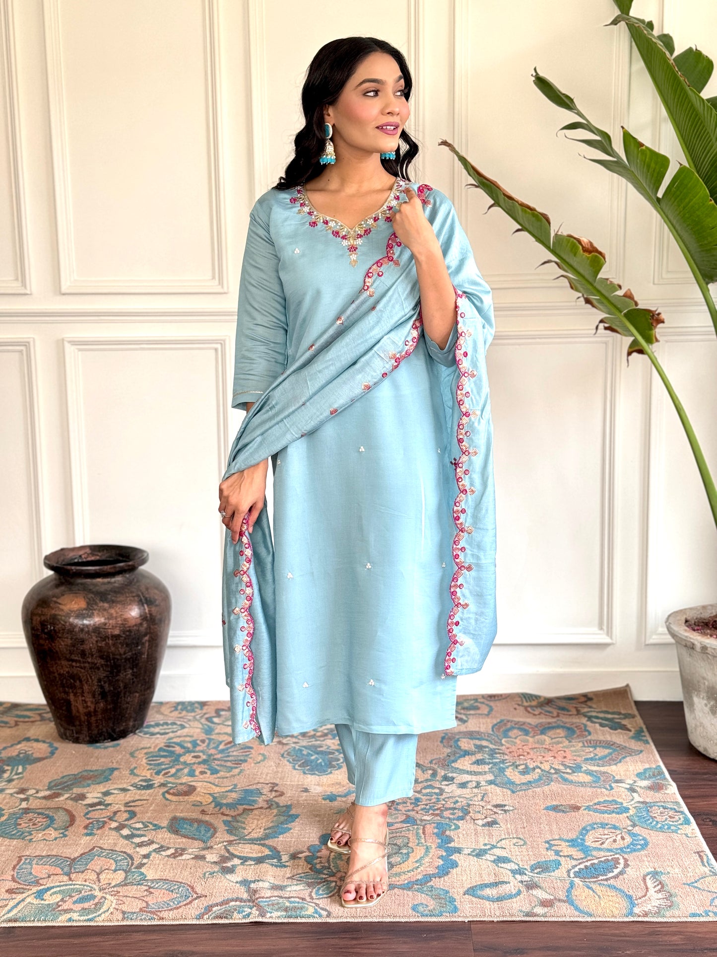 Women's Chanderi Viscose Embroidered Straight Kurta with Pant And Printed Dupatta Set