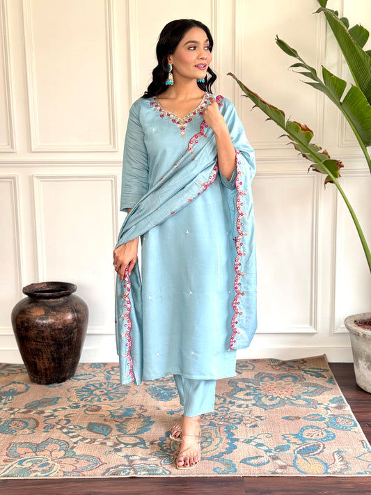 Women's Chanderi Viscose Embroidered Straight Kurta with Pant And Printed Dupatta Set