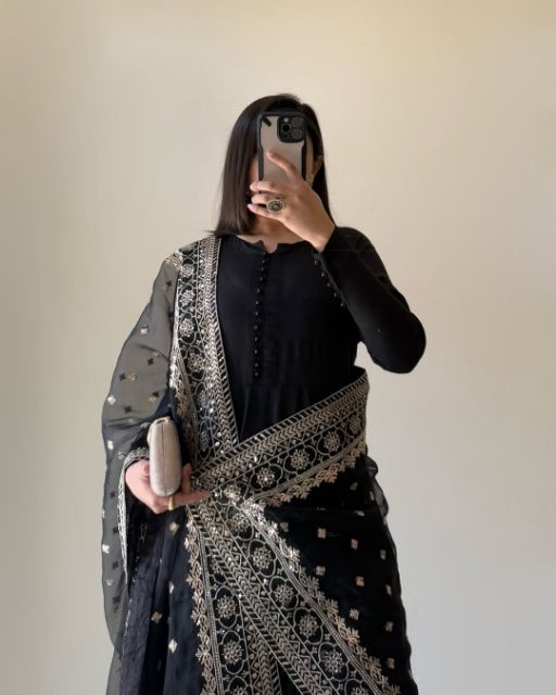Designer Black Ethnic Wear   Party Wear Black Kurti With Sharara And Dupatta   Embroidered Black Sharara Set