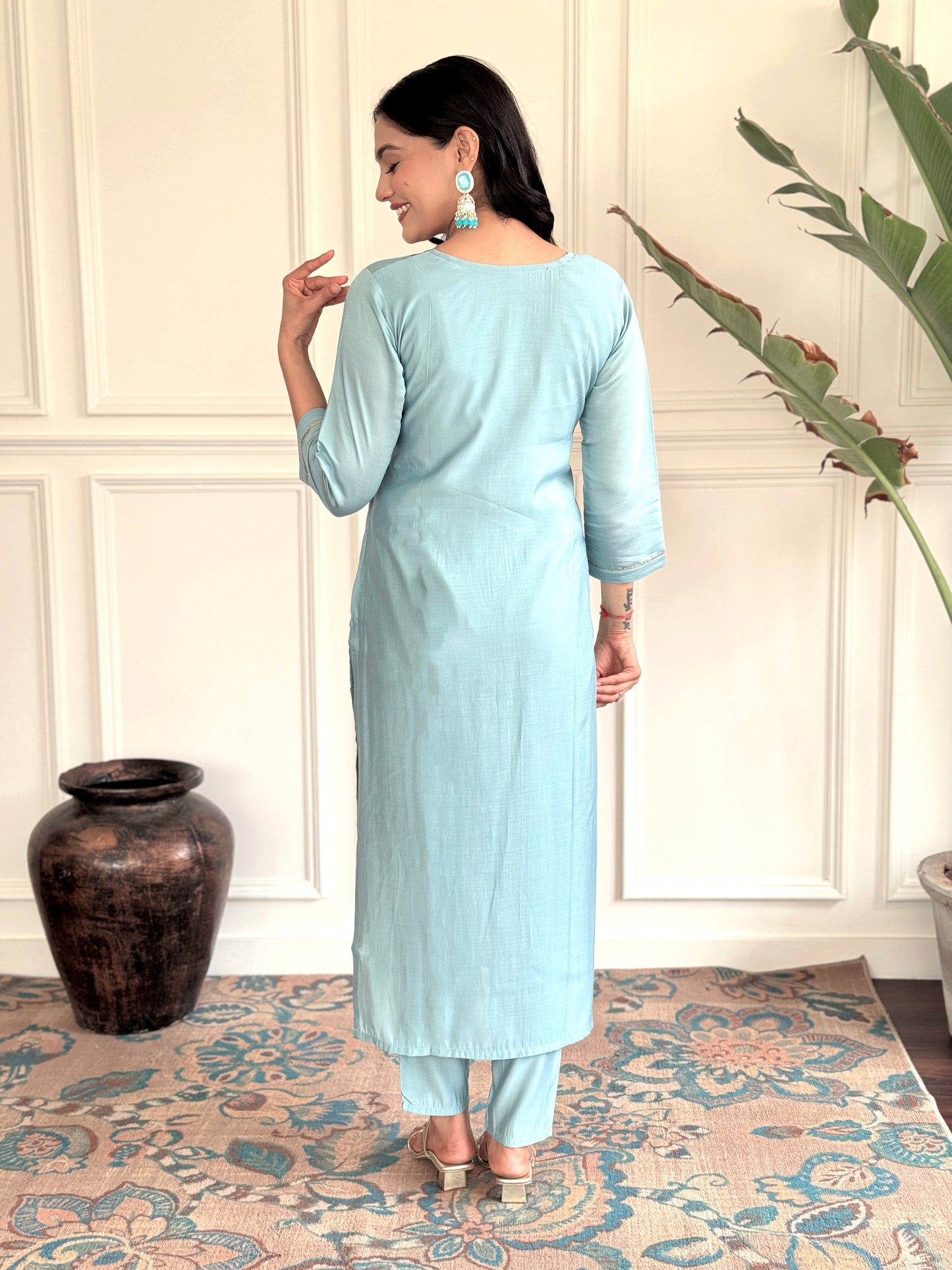 Women's Chanderi Viscose Embroidered Straight Kurta with Pant And Printed Dupatta Set