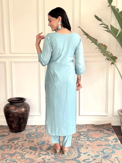 Women's Chanderi Viscose Embroidered Straight Kurta with Pant And Printed Dupatta Set
