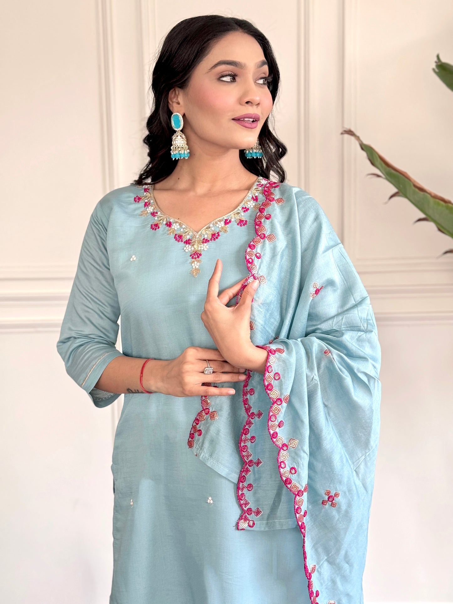 Women's Chanderi Viscose Embroidered Straight Kurta with Pant And Printed Dupatta Set