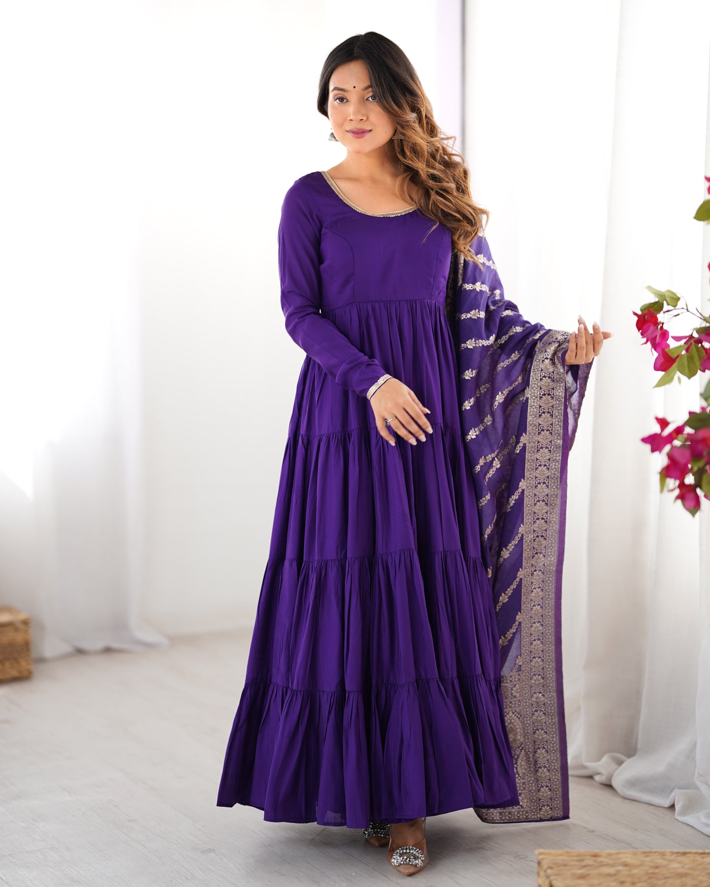 Women's Gorgeous Solid Roman Silk Chanderi Fabric Flared Anarkali Pant and Dupatta Set
