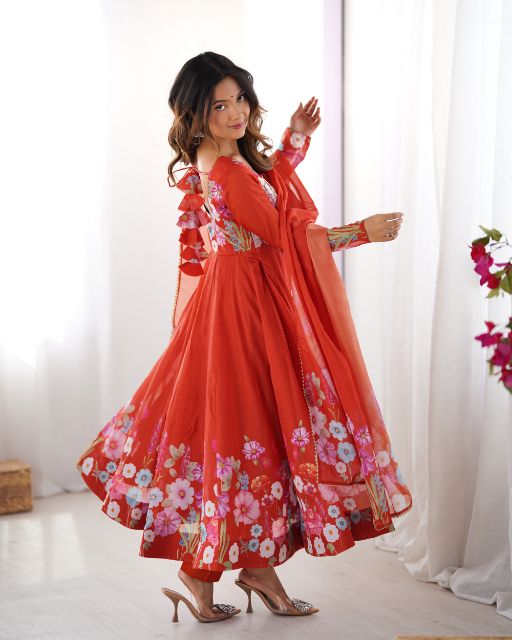 Floral printed Anarkali suit Red Anarkali with dupatta