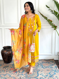 Women's Chanderi Silk Printed Straight Kurta with Pant And Printed Dupatta Set