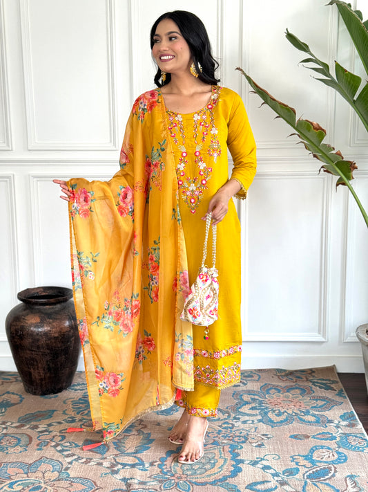 Women's Chanderi Silk Printed Straight Kurta with Pant And Printed Dupatta Set