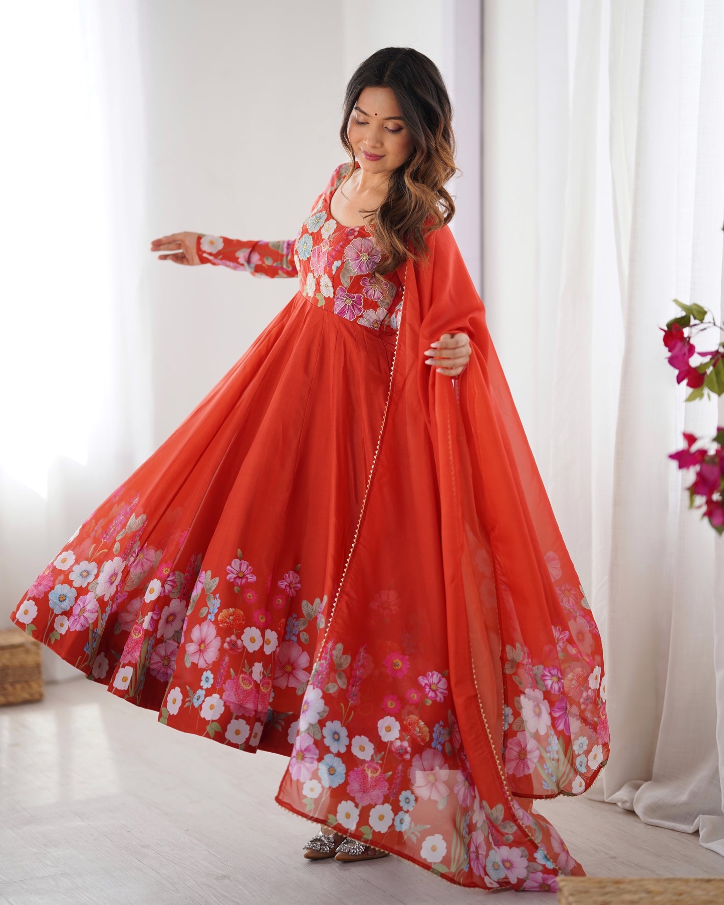 Women's Gorgeous Floral Printed Organza Silk Fabric Flared Anarkali Pant and Dupatta Set