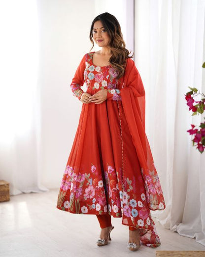 Floral printed Anarkali suit Red Anarkali with dupatta