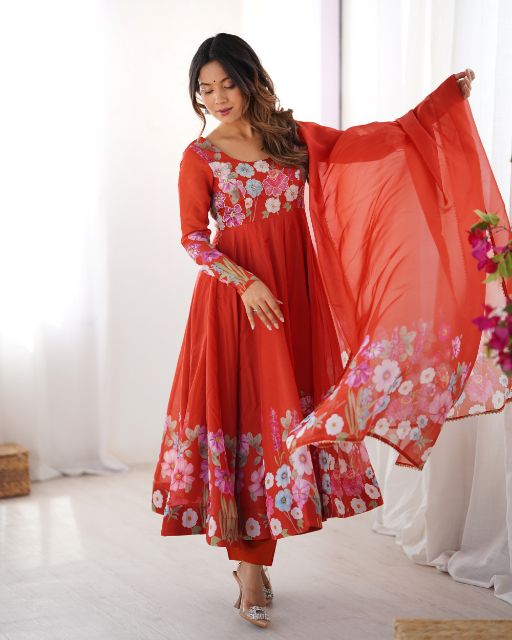 Floral printed Anarkali suit Red Anarkali with dupatta