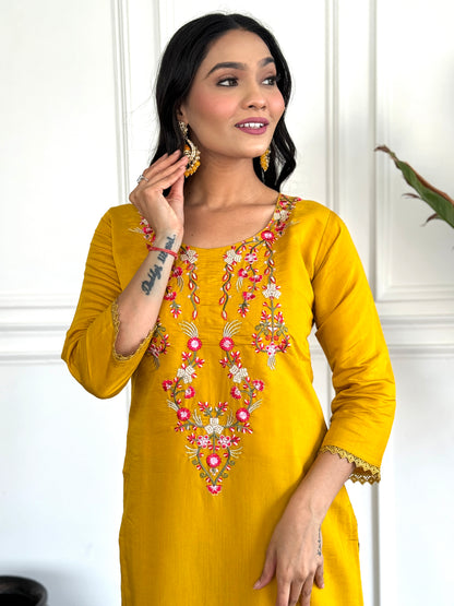 Women's Chanderi Silk Printed Straight Kurta with Pant And Printed Dupatta Set