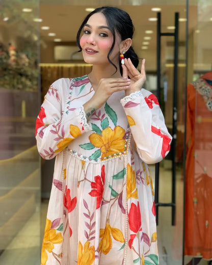 Women's Gorgeous Cotton Fabric Printed Work Straight Kurta Pant and Dupatta Set