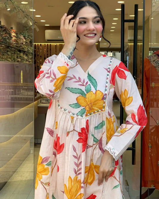 Women's Gorgeous Cotton Fabric Printed Work Straight Kurta Pant and Dupatta Set
