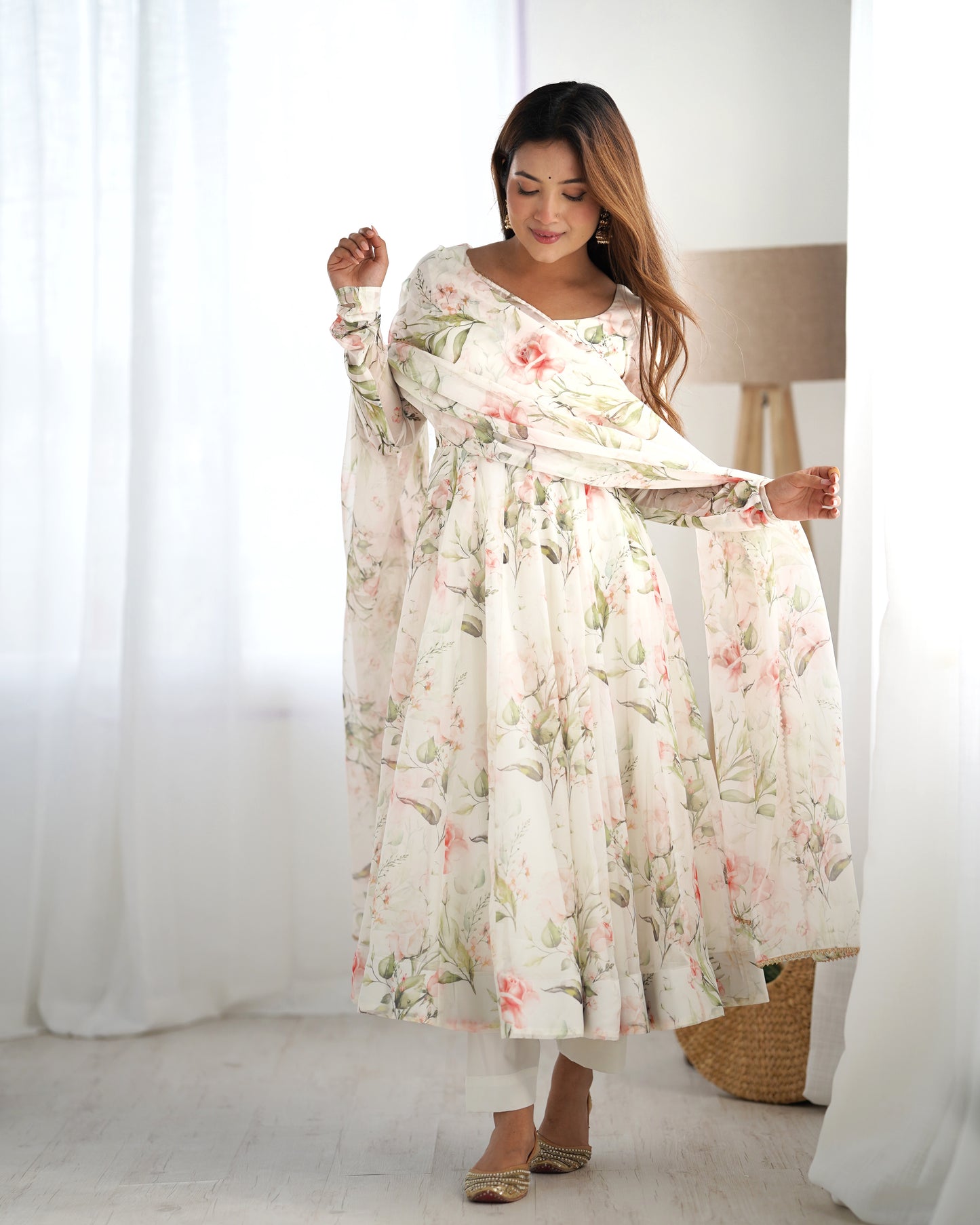 Women's Gorgeous Floral Print Organza Silk Fabric Flared Anarkali Pant and Dupatta Set