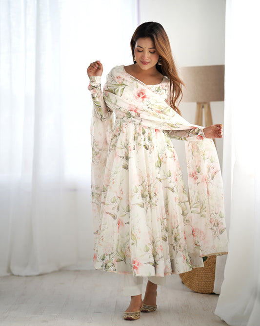 Women's Gorgeous Floral Print Organza Silk Fabric Flared Anarkali Pant and Dupatta Set