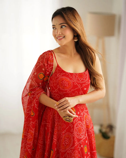 Women's Beautiful Printed Chiffon Bandhej Fabric Flared Anarkali Pant and Dupatta Set-31