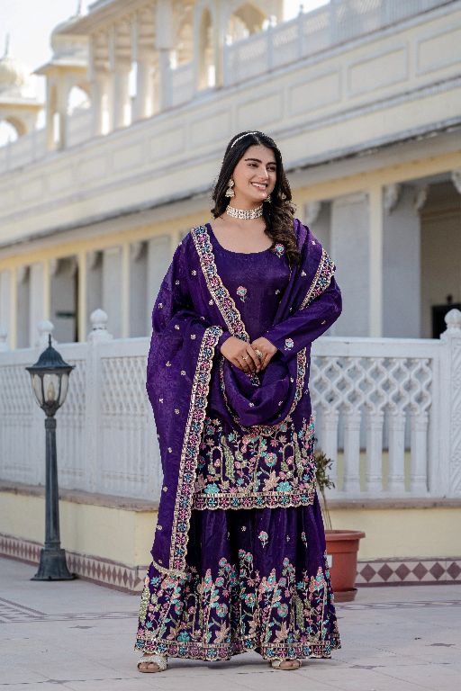 Women Gorgeous Gold Crush Fabric Straight Kurta, Sharara and Dupatta Set