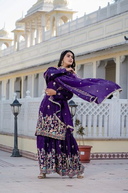 Women Gorgeous Gold Crush Fabric Straight Kurta, Sharara and Dupatta Set