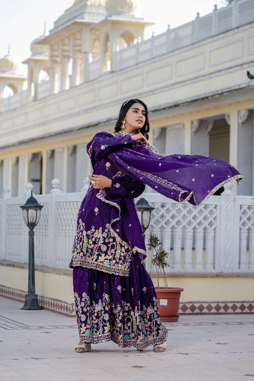 Women Gorgeous Gold Crush Fabric Straight Kurta, Sharara and Dupatta Set