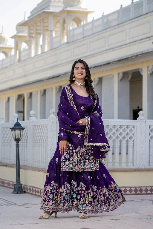 Women Gorgeous Gold Crush Fabric Straight Kurta, Sharara and Dupatta Set