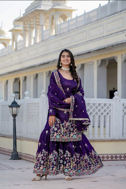 Women Gorgeous Gold Crush Fabric Straight Kurta, Sharara and Dupatta Set