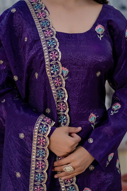 Women Gorgeous Gold Crush Fabric Straight Kurta, Sharara and Dupatta Set