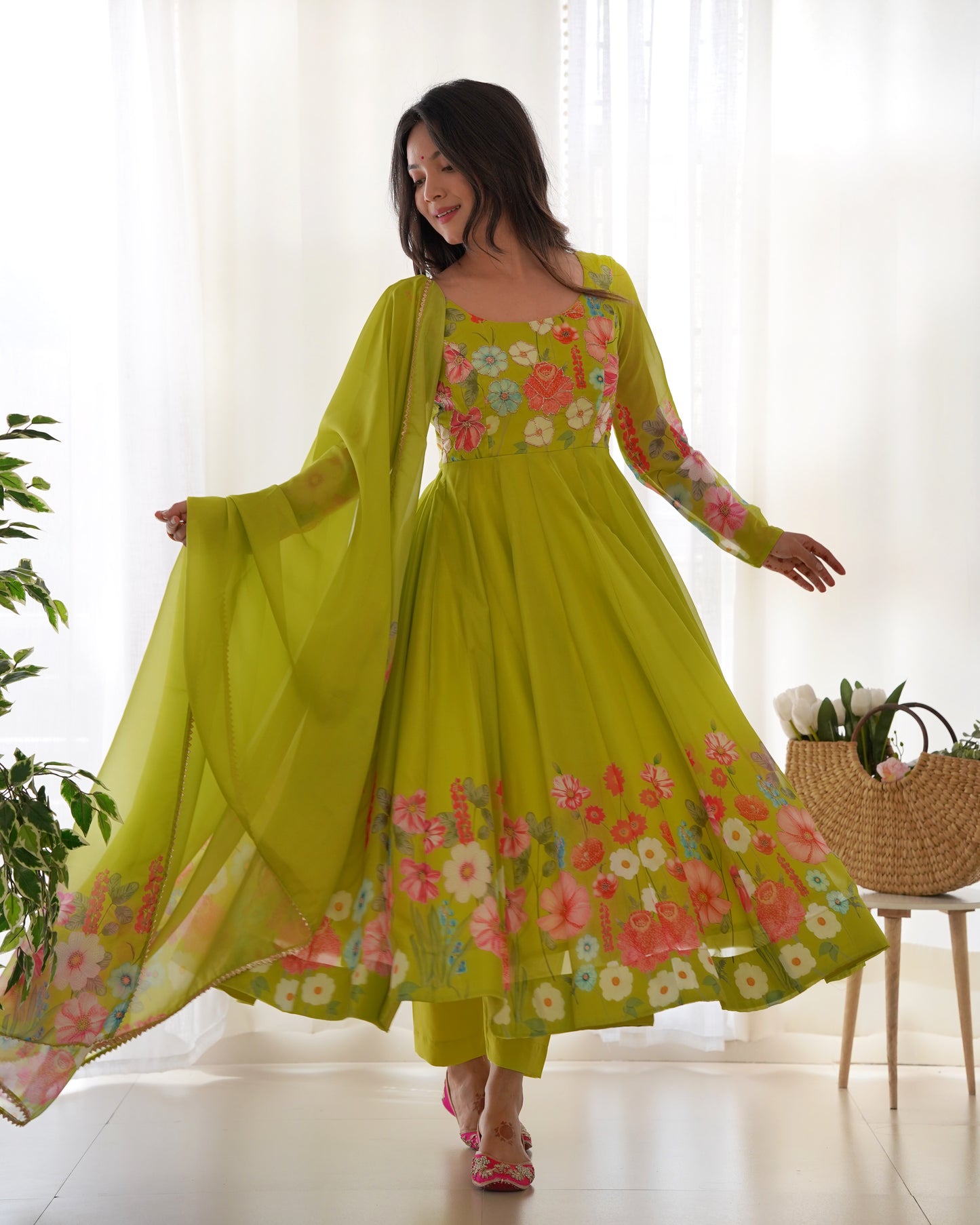 Women's Gorgeous Floral Printed Organza Silk Fabric Flared Anarkali Pant and Dupatta Set
