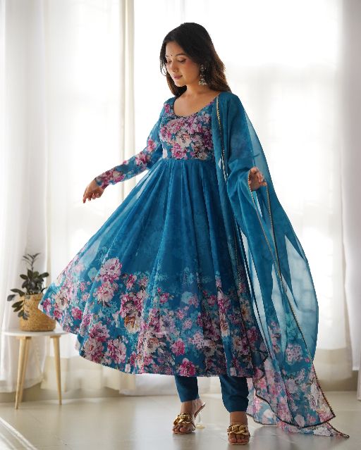 Women's Beautiful Floral Printed Organza Silk Fabric Flared Anarkali Pant and Dupatta Set