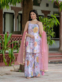 Women Gorgeous Digital Printed Chinon Fabric Straight Kurta, Sharara and Dupatta Set