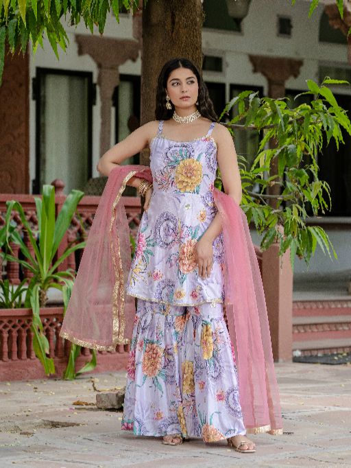Women Gorgeous Digital Printed Chinon Fabric Straight Kurta, Sharara and Dupatta Set