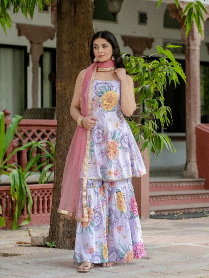 Women Gorgeous Digital Printed Chinon Fabric Straight Kurta, Sharara and Dupatta Set