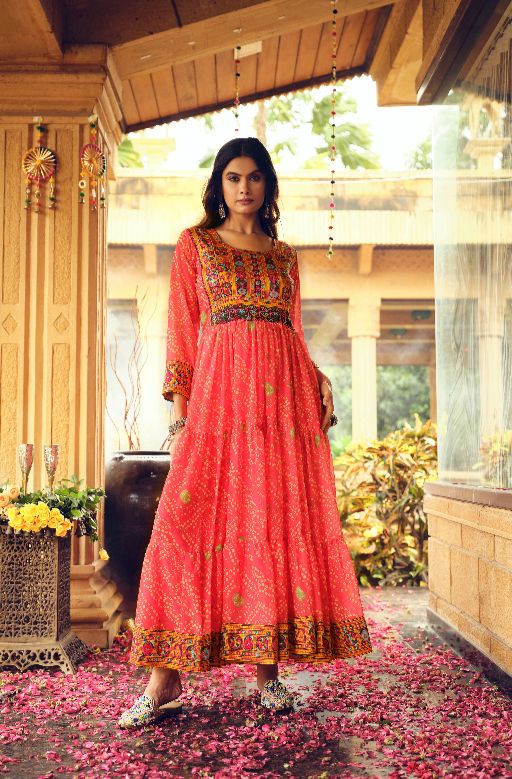 Women Gorgeous Bandhani Printed Faux Georgette Fabric Flared Gown